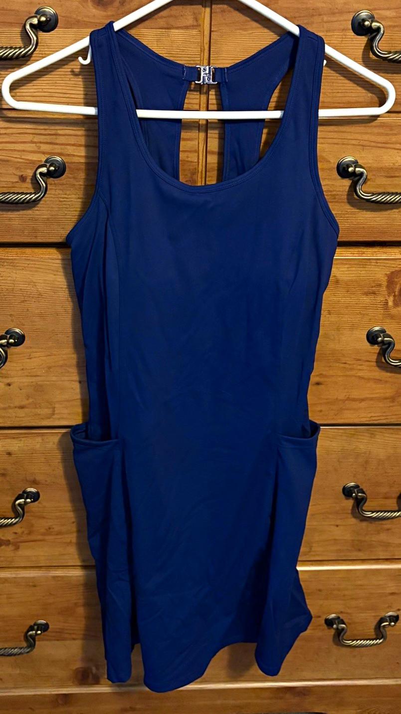 Athleta Women’s Blue Solid Sleeveless Dress Size S Scoop Neck Pockets Stretch