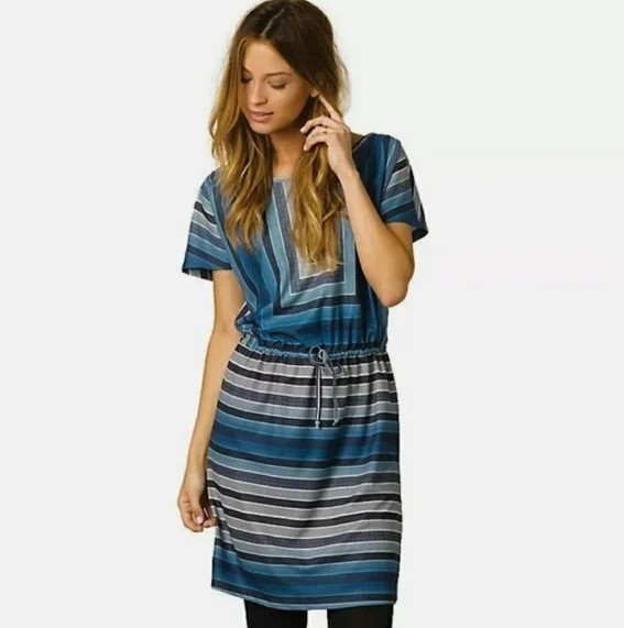 Prana Size Small S Blue Lindy Stripe Crew Neck Short Sleeve Tie Waist Knit Dress