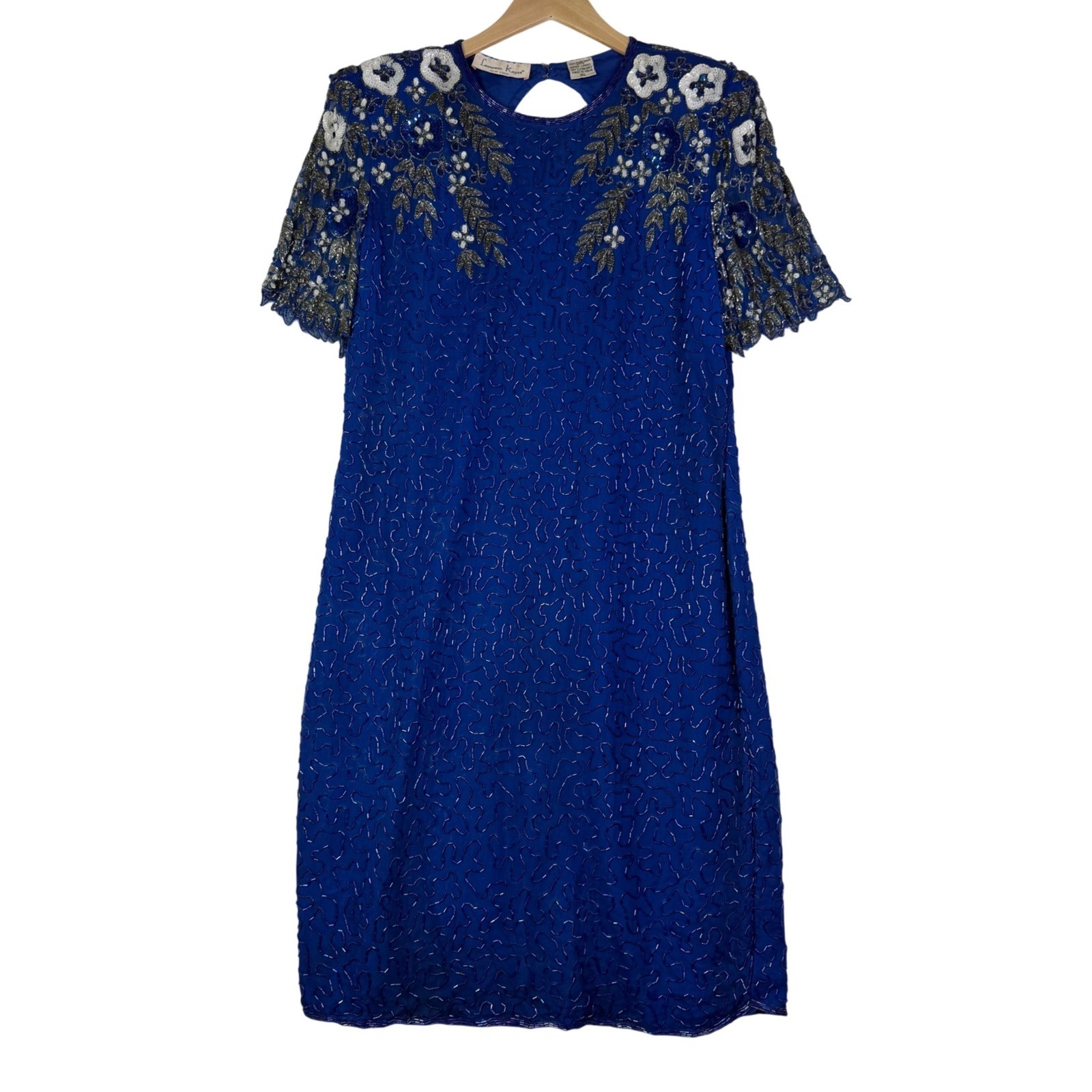 Laurence Kazar Women Size XL Blue Floral Beaded Silk Dress Keyhole Back Vintage