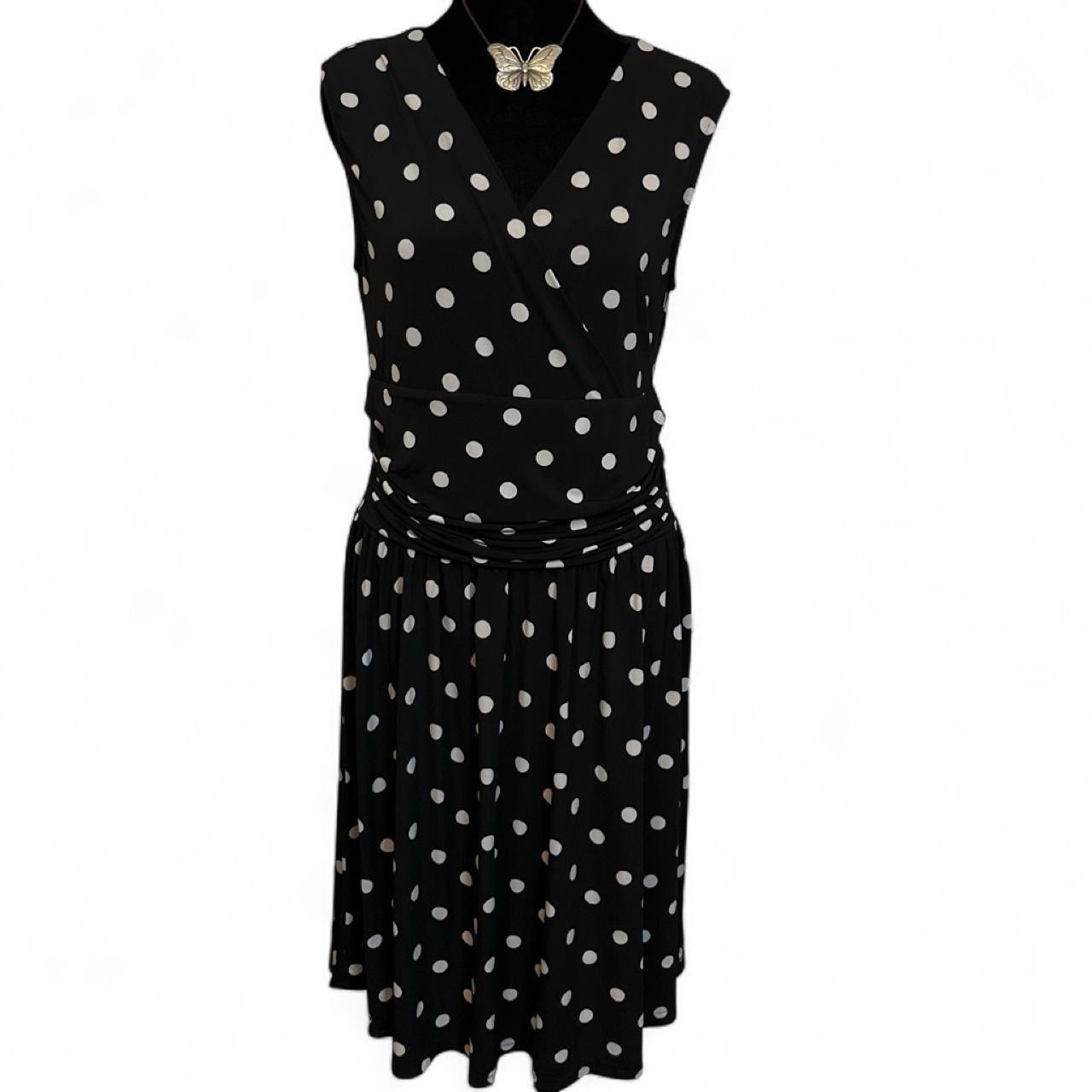 Suzy Shier Polka Dot Wrap Dress Black White V-Neck Sleeveless Knee Length M
