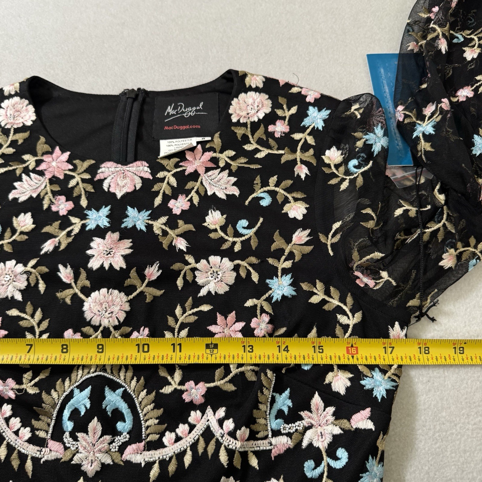 Mac Duggal 35111 Embroidered Floral Gown Black Long Bishop Sleeve Size 8 NWT