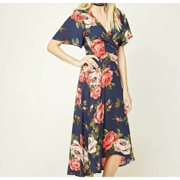 🌸Forever 21 🌸Women’s Medium Floral Wrap Dress Navy Pink Short Sleeve Tie Waist