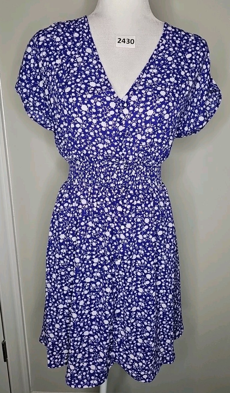 Sienna Sky Dress Womens Small Blue Floral Cap Sleeve Pull Over Lined V Neck