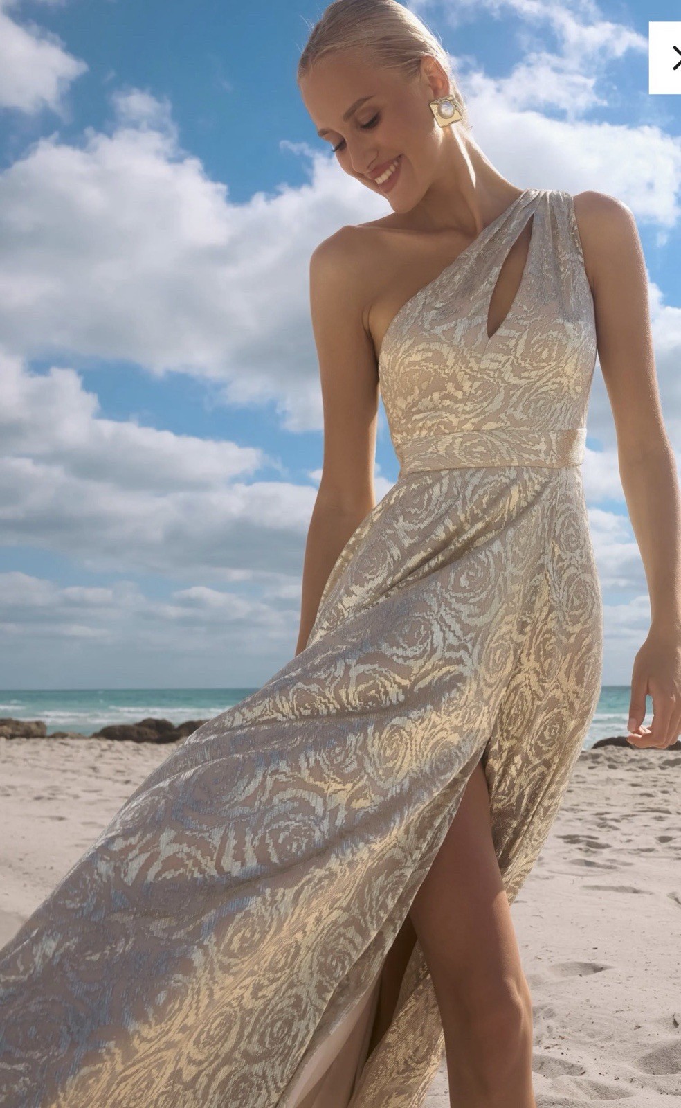 BETSY AND ADAM “MARIAH” METALLIC FOIL KNIT ONE SHOULDER DRESS A27193 Size 14