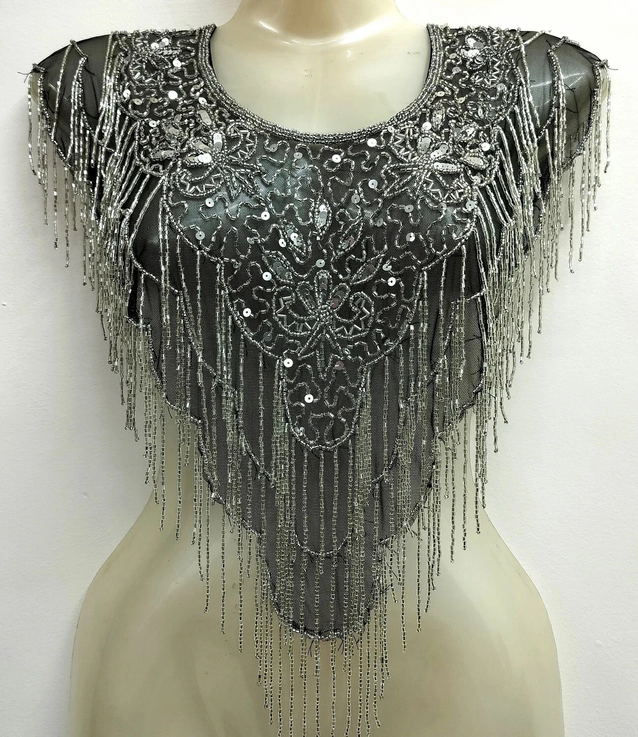 BLACK SILVER SHEER NET EMBROIDERY HANDMADE TOP DESIGNER PONCHO CAPE WOMEN DRESS