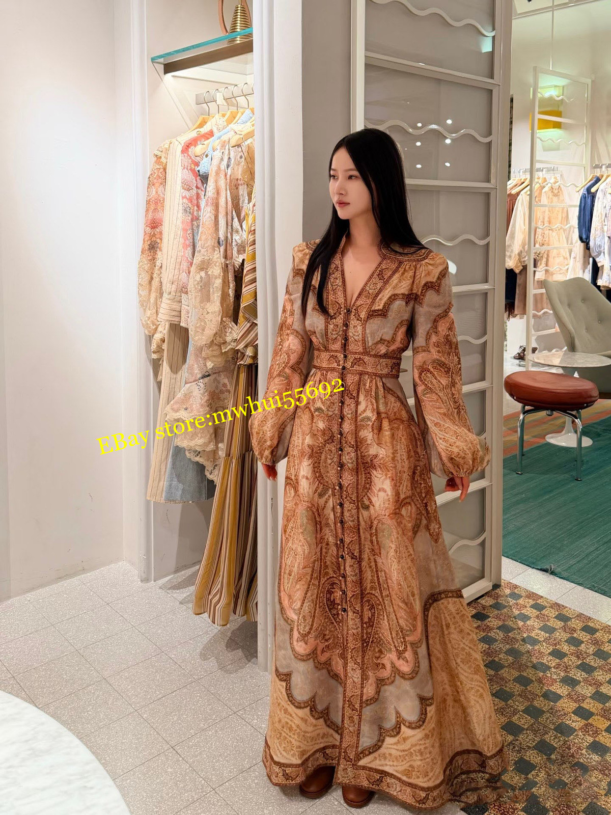 2026 fashion retro pattern printing button-down V-neck waist long-sleeved dress