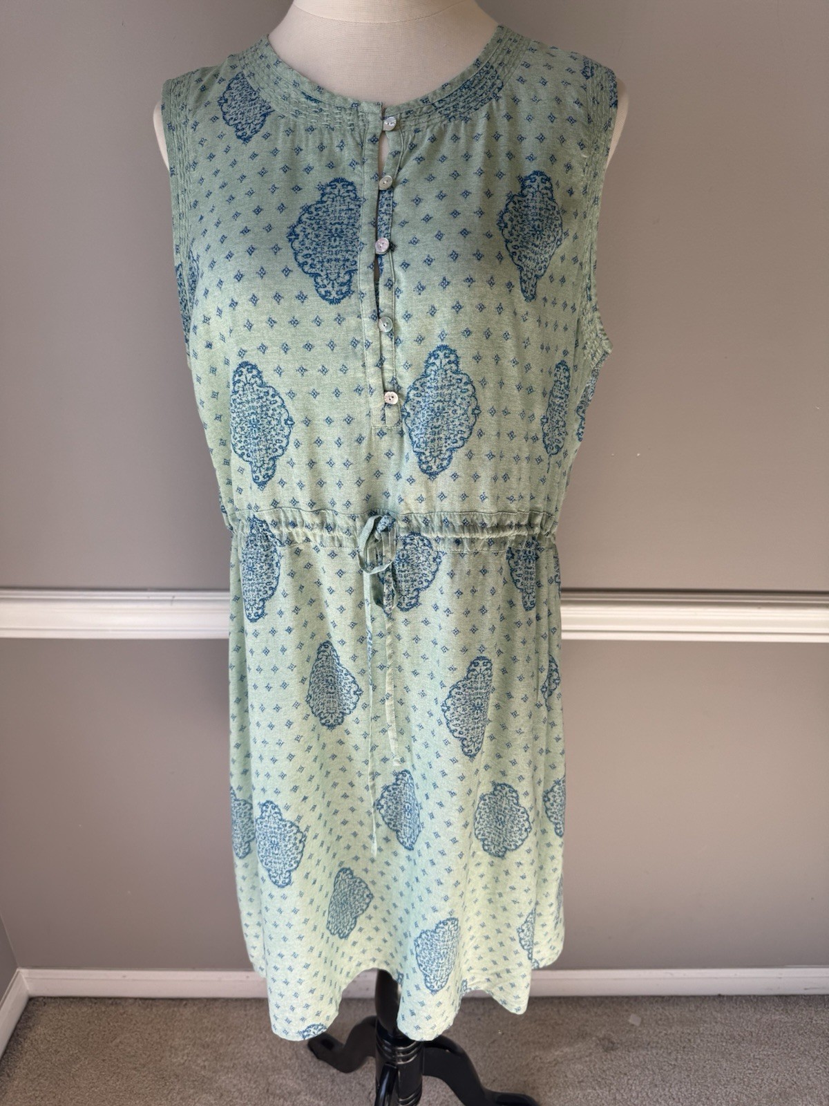 Lucky Brand Women’s Geometric Sheath Dress Blue Green Sleeveless Button Knee XL