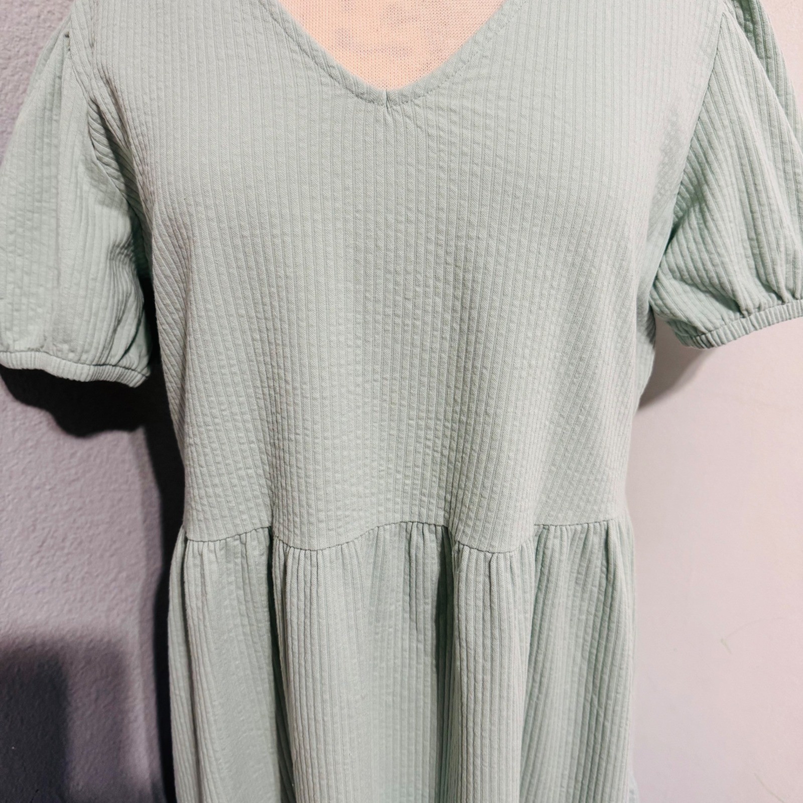 Downeast Cotton Blend Dress Size L Sage Green Ribbed Tiered Babydoll Mini Dress