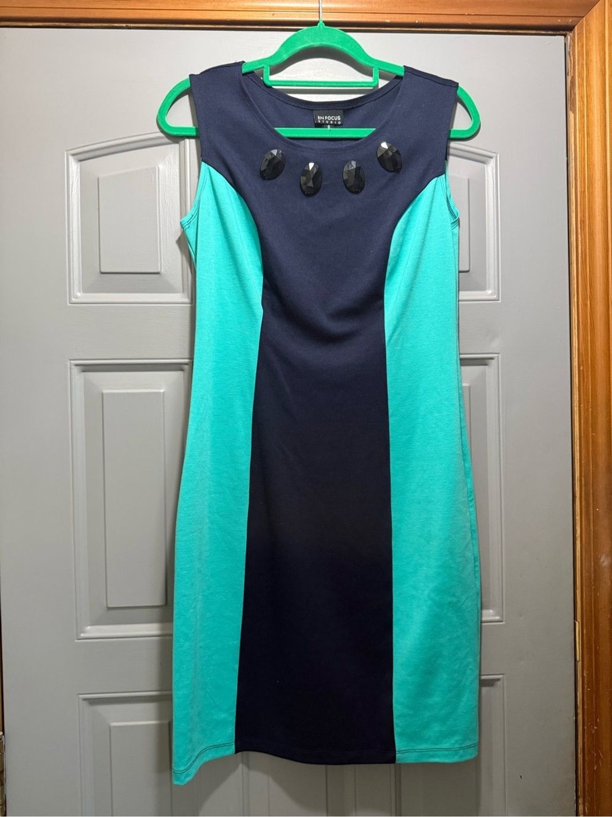 Enfocus Studio-Navy and Teal Jewel-Accent Sheath Midi Dress-slimming!