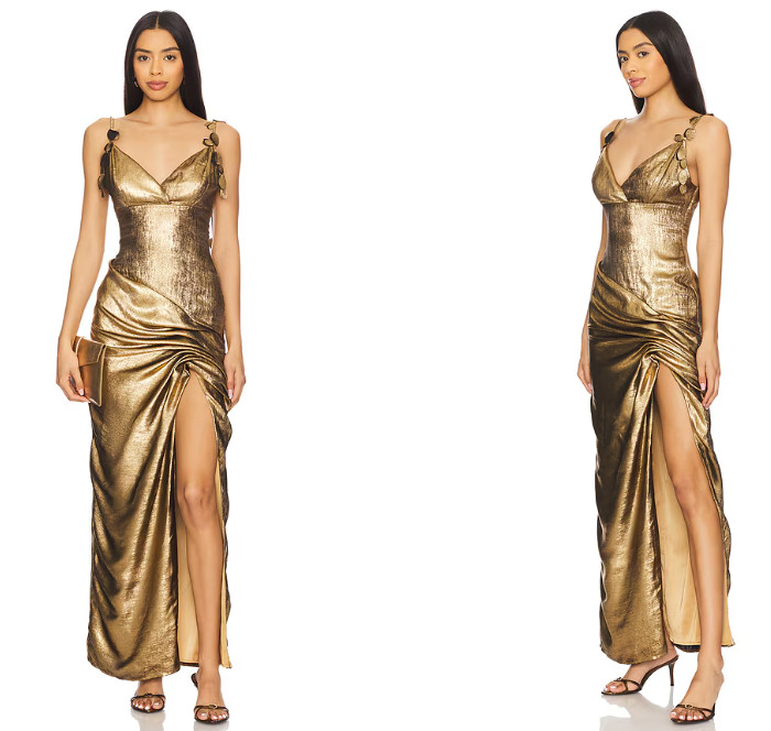 YAURA Ileri Dress draped leaf gold satin asymmetrical hem size S NWT $280msrp