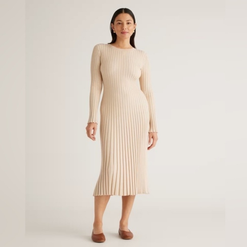 NWT Quince Cotton Cashmere Ribbed Long Sleeve Crew Midi Dress Heather Oatmeal XS