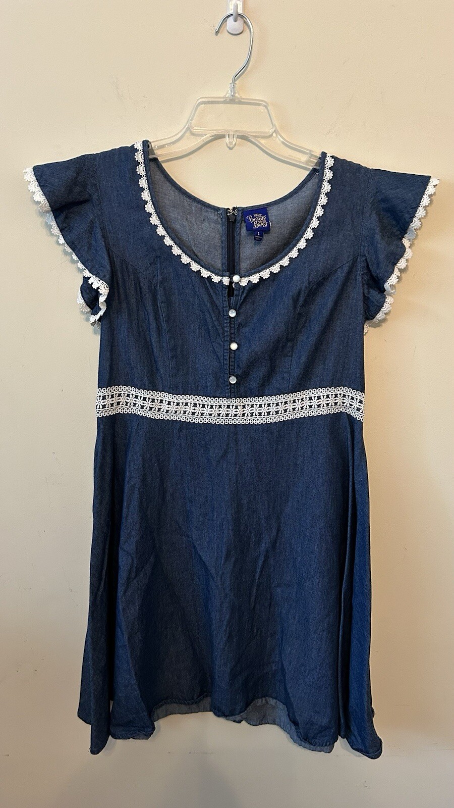 Disney’s Beauty And The Beast Belle Blue Jean Ruffle Empire Waist Dress, Large