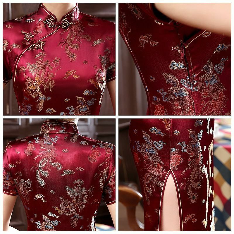 Dragon Phoenix Women’s Silk Satin Long Dress Cheongsam Qipao SZ S-6XL Dark red