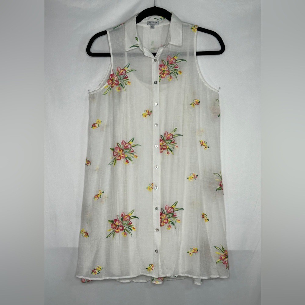 Rose & Everly White Pink Yellow Green Floral Embroidered Shirt Dress Sz XL