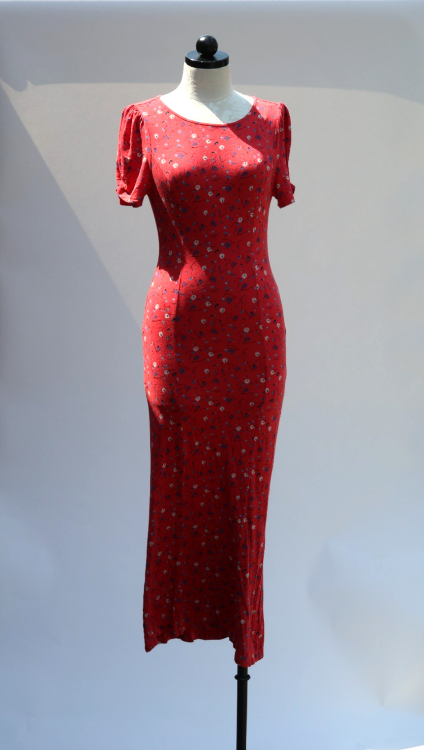 Free People Red Rayon Stretchy Jersey Floral Bodycon Tshirt Maxi Dress Women S