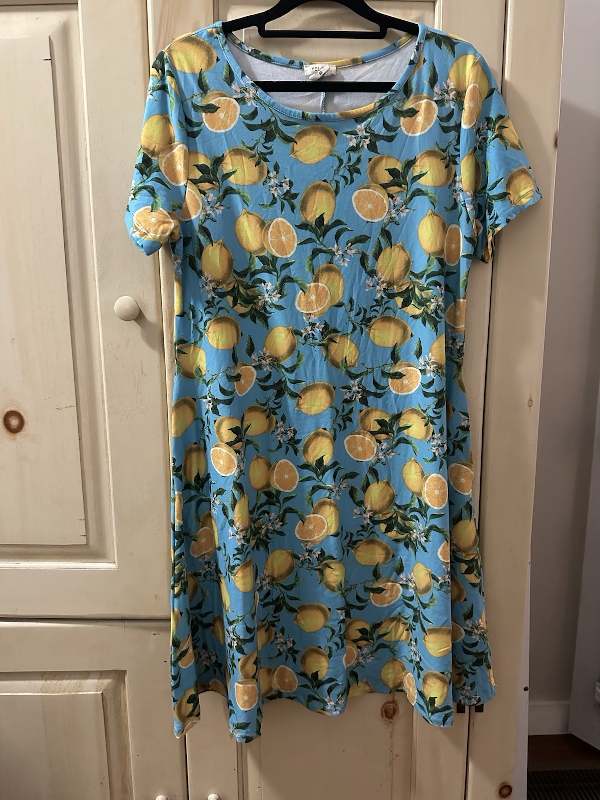 Yelete Lemon Print T-Shirt Blue Swing Dress Amalfi Italian Summer Short Sleeve M
