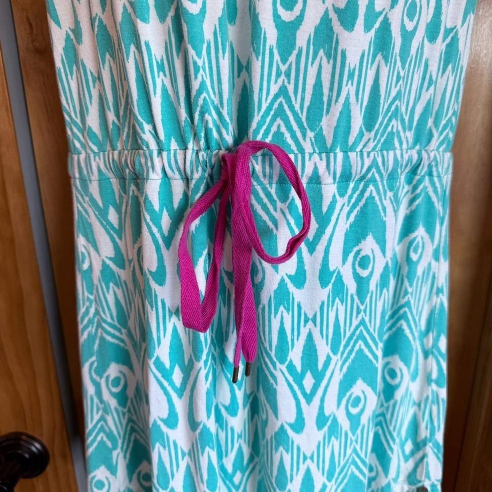 Hatley Teal White Patterned Drop Waist Dress Pink Accent Small