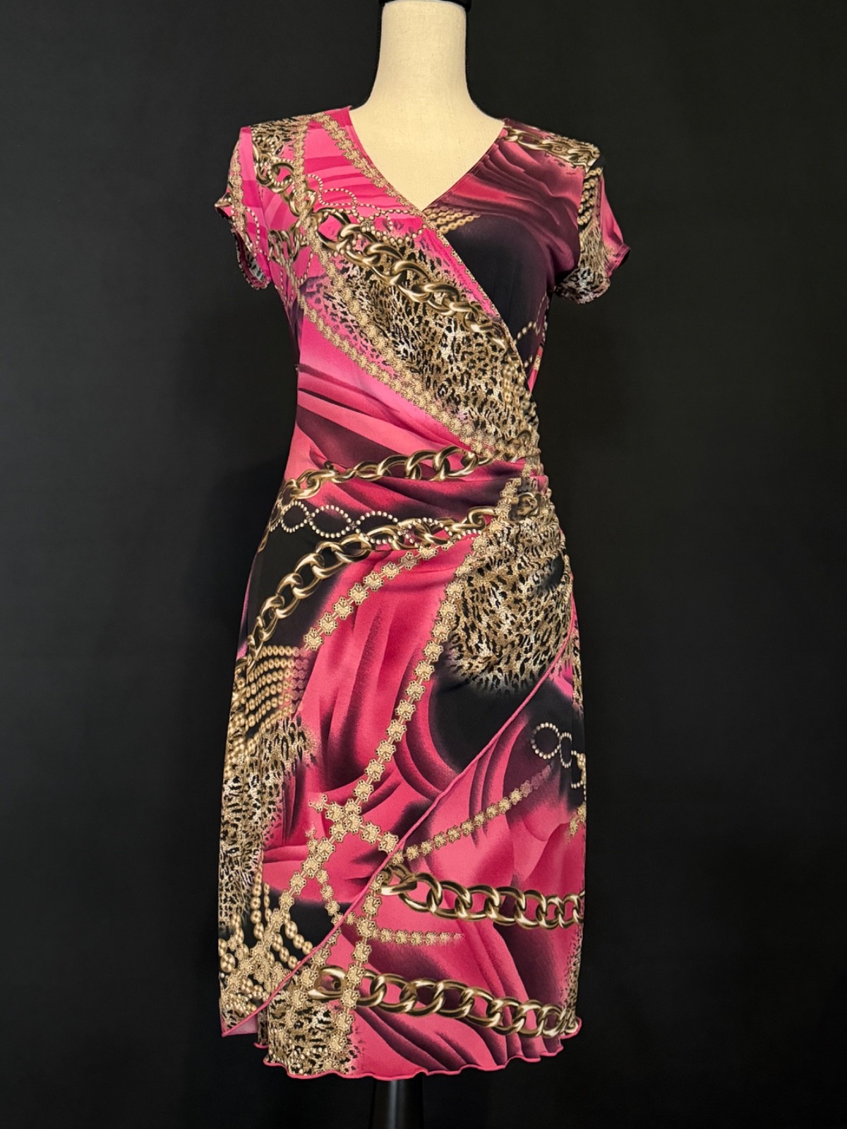 Joseph Ribkoff Dress Pink, Black and Gold Cheetah and Chain Print Size 8