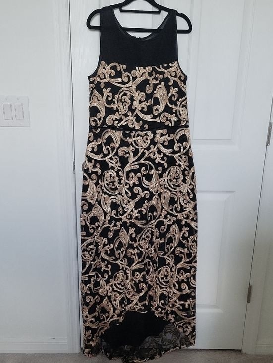 Connected Apparel Black Gold Embroidered Mesh Cocktail Dress Size 10