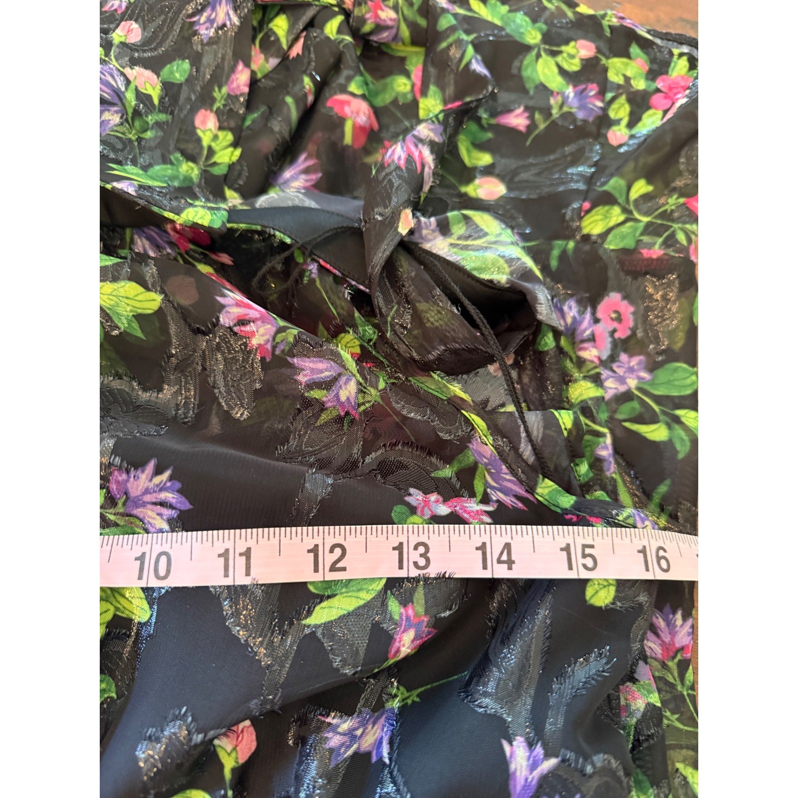 Adrianna Papell Black Floral Metallic Detail Ruffle Asymmetrical Dress 2