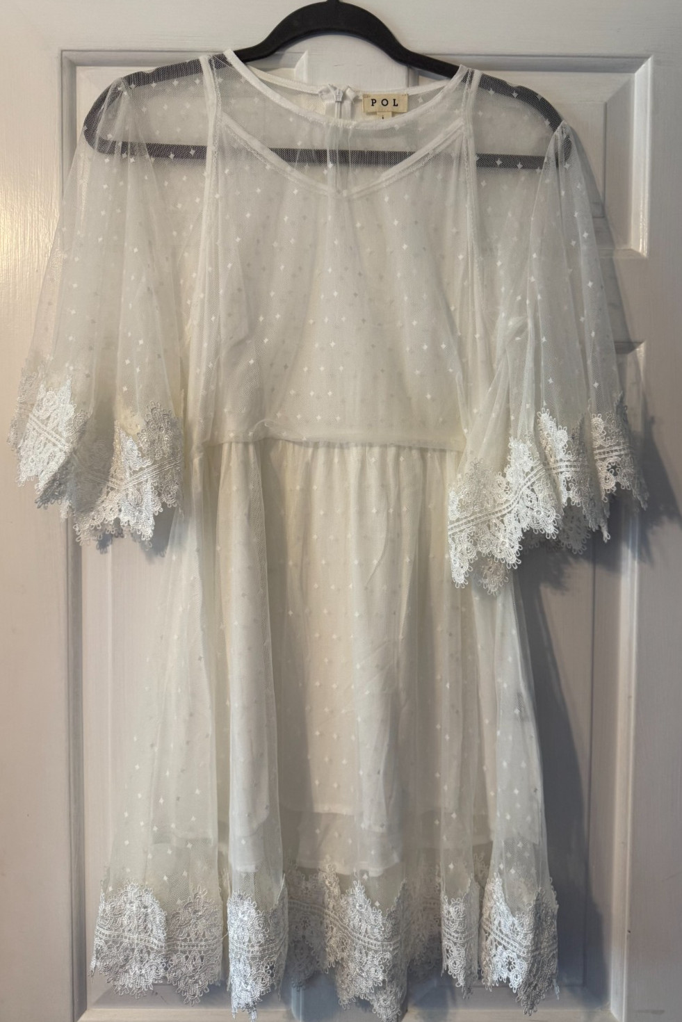 POL sheer overlay embroidered white dress. Slip dress. 3/4 bell sleeves. Large