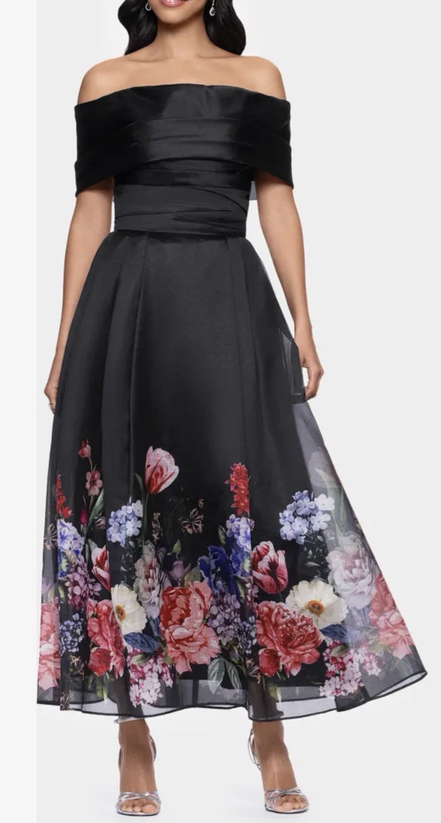 New Betsy & Adam Placed Floral Off the Shoulder Gown In Black/Red Size 4 $279