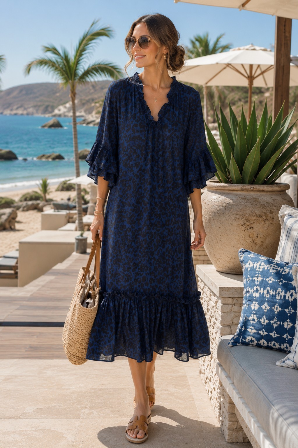 Fitzroy & Willa Soleil Dress Ruffle 3/4 Sleeve Navy Ikat Resort Coastal Sz L