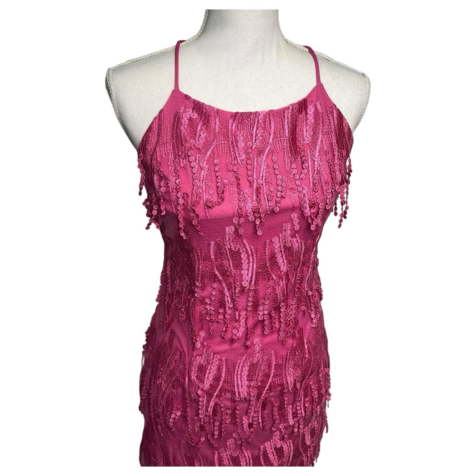 New Lulus Dress Womens M Making Magic Fringe Lace Up Mini Overlay Bright Pink