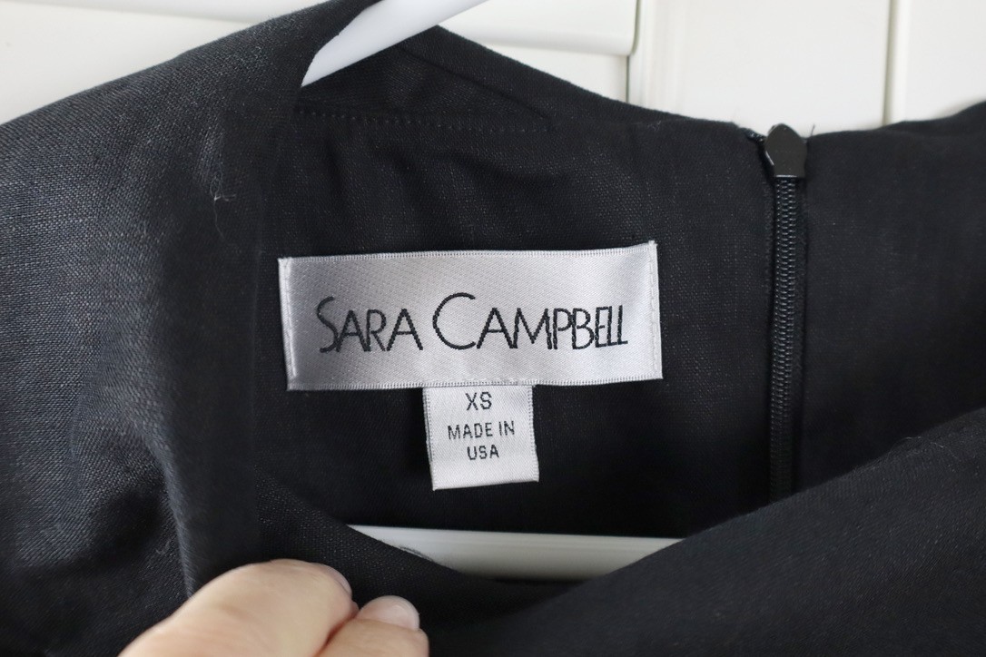 SARA CAMPBELL $168 Solid Black Lined Scalloped Pleated Linen Dress Size XS