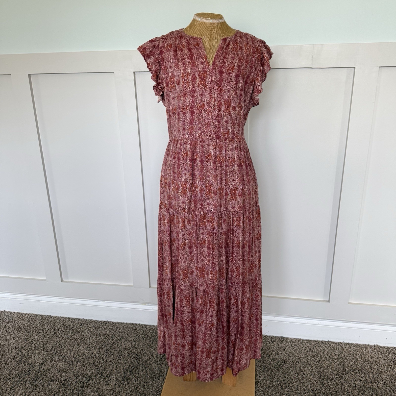 Sweet Magnolia Tiered Maxi Dress MEDIUM Red Short Sleeve Boho Peasant Southwest
