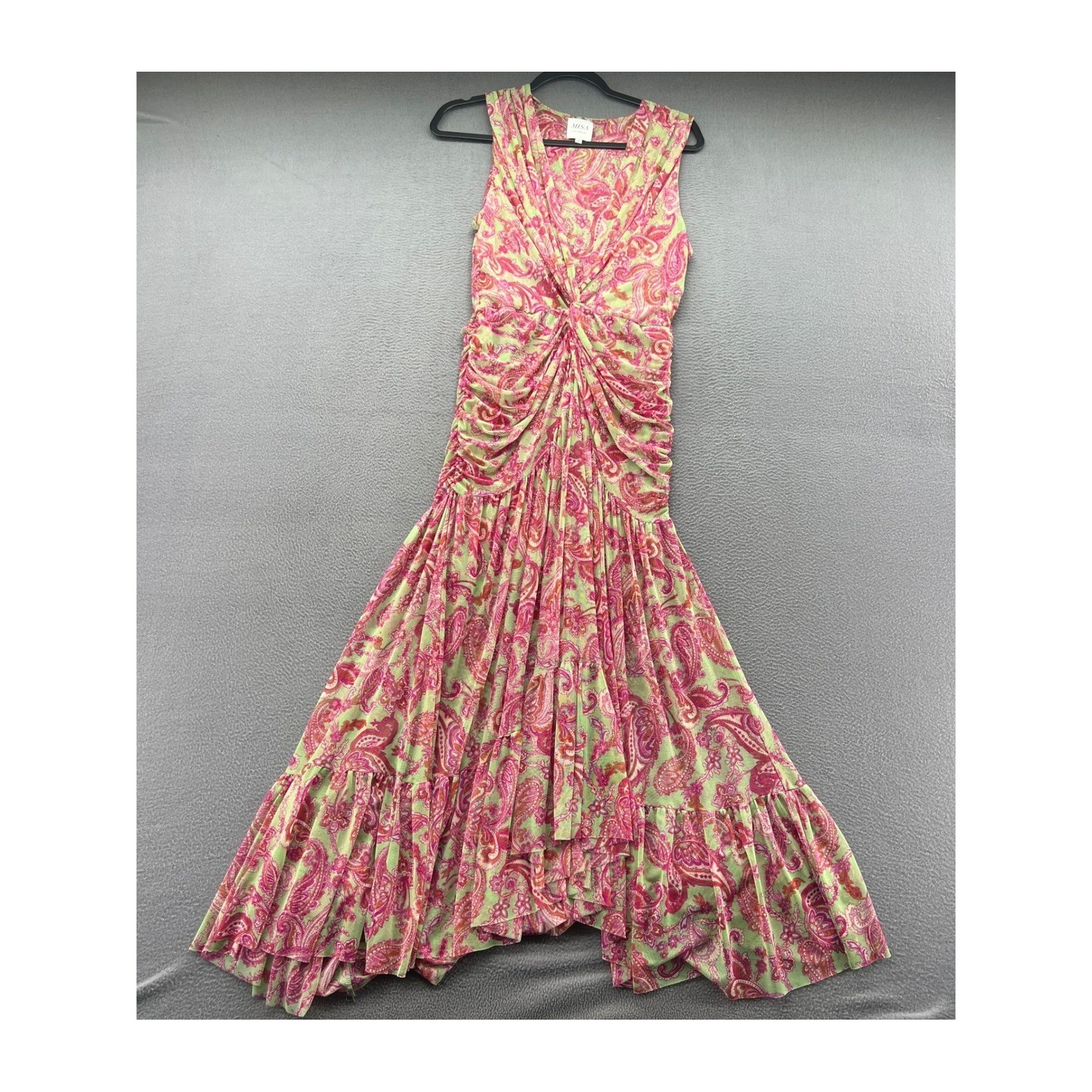 MISA Los Angeles Dress Paisley Mesh Maxi Pink Green Ruched V-Neck Tiered Medium