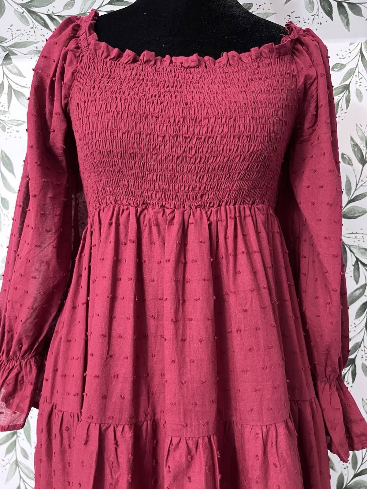 R. Vivimos Plaid Puff Sleeves Bow Boho Midi Dress Sz M Burgundy Vacation Casual