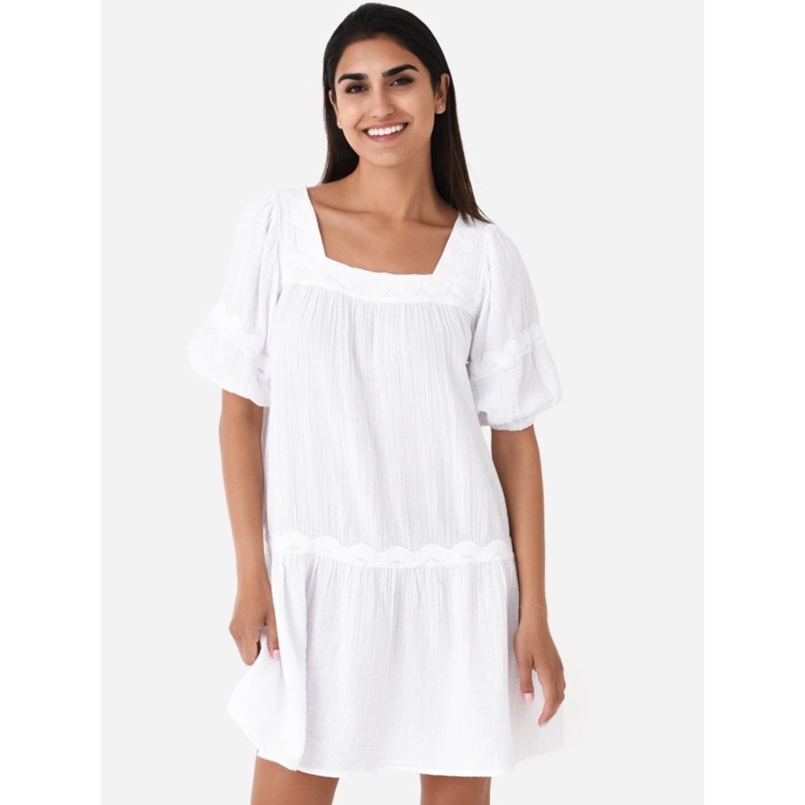 Stark X Square Neck Gauzy Cotton Puff Slv Dress White XS