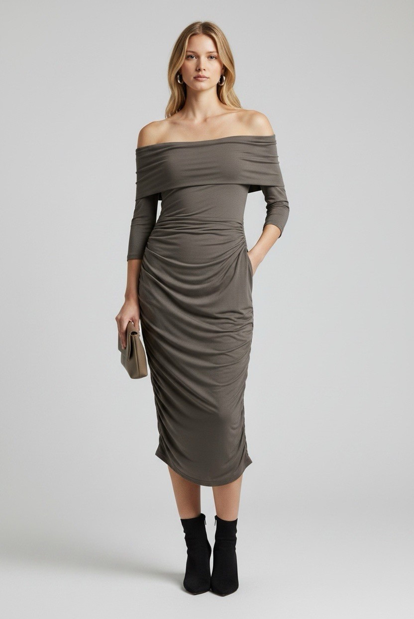 Women’s M Gray Off Shoulder Ruched Stretch Knit Bodycon Midi Dress 3/4 Sleeve