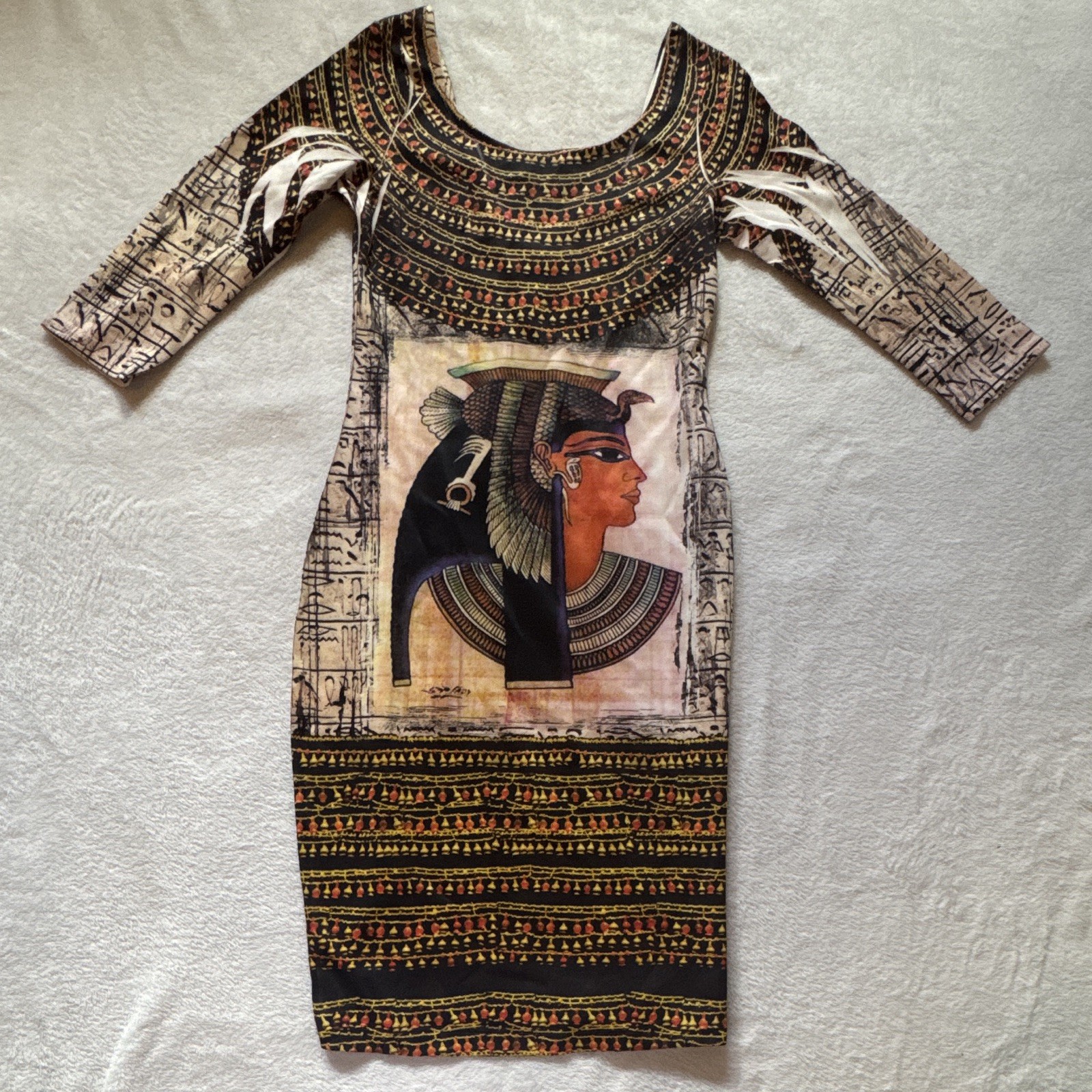 Love J Women’s M Black Bodycon Cleopatra Egyptian Graphic 3/4 Lace-Up Dress