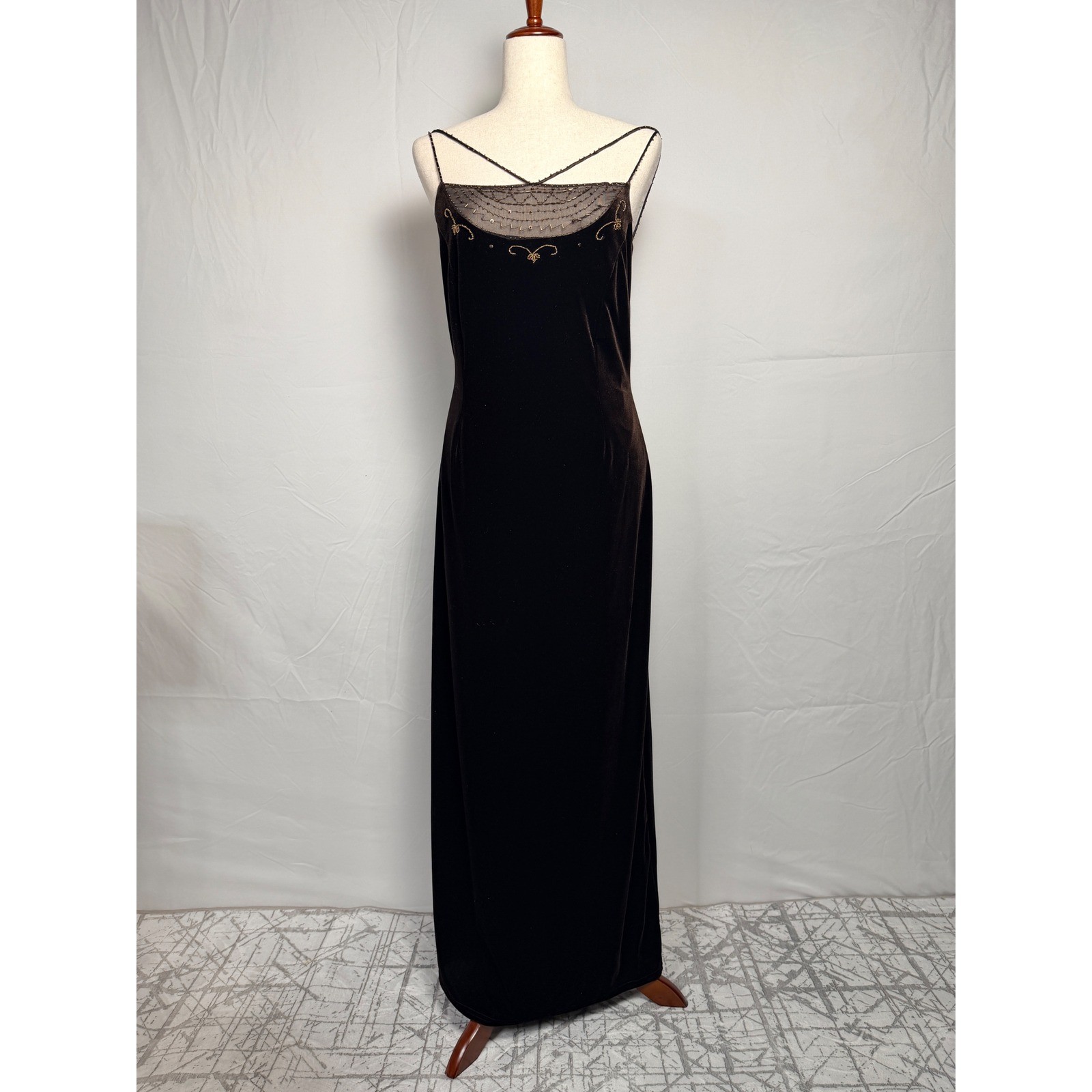 Vintage Brown Velvet Beaded Mesh Evening Gown Maxi Dress Formal Chocolate