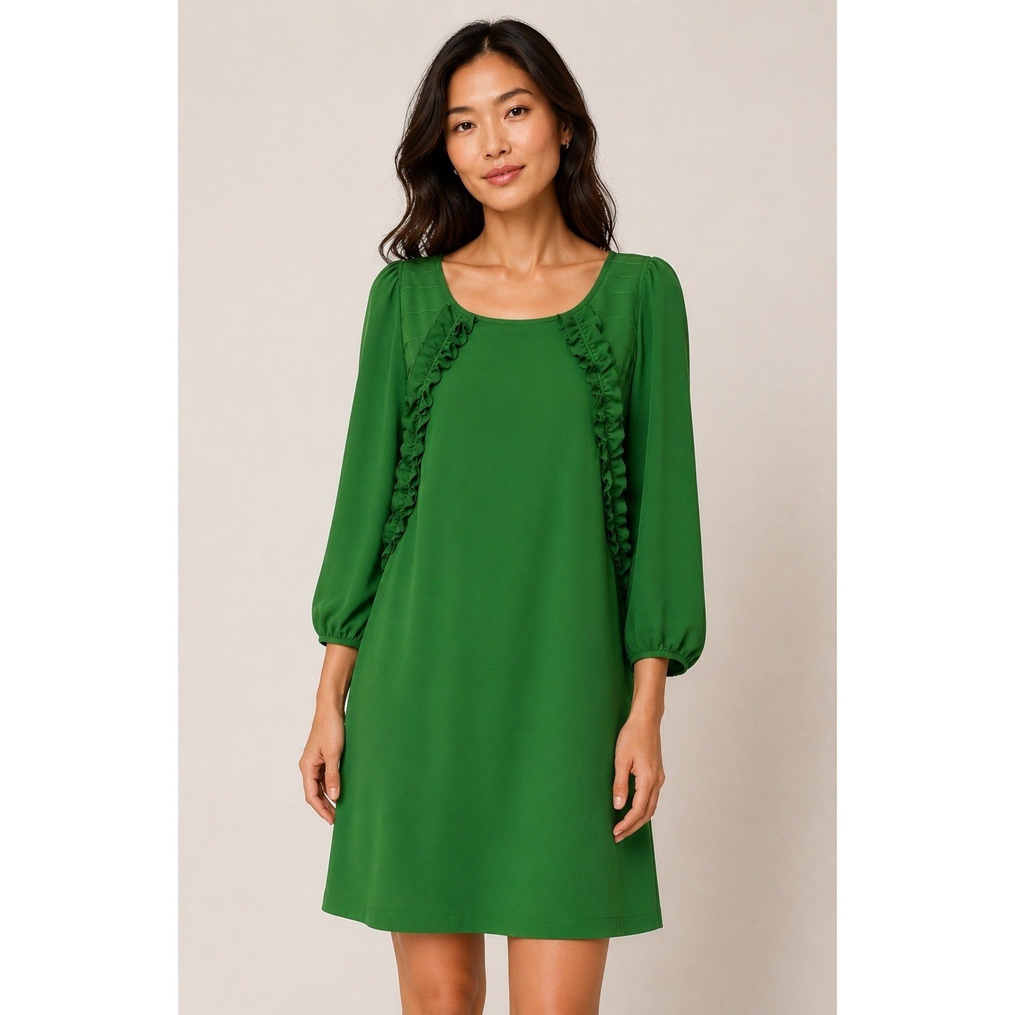Tibi Silk Shift Dress Women 4 Green Ruffle Pintuck Puff Sleeve Luxury Silky