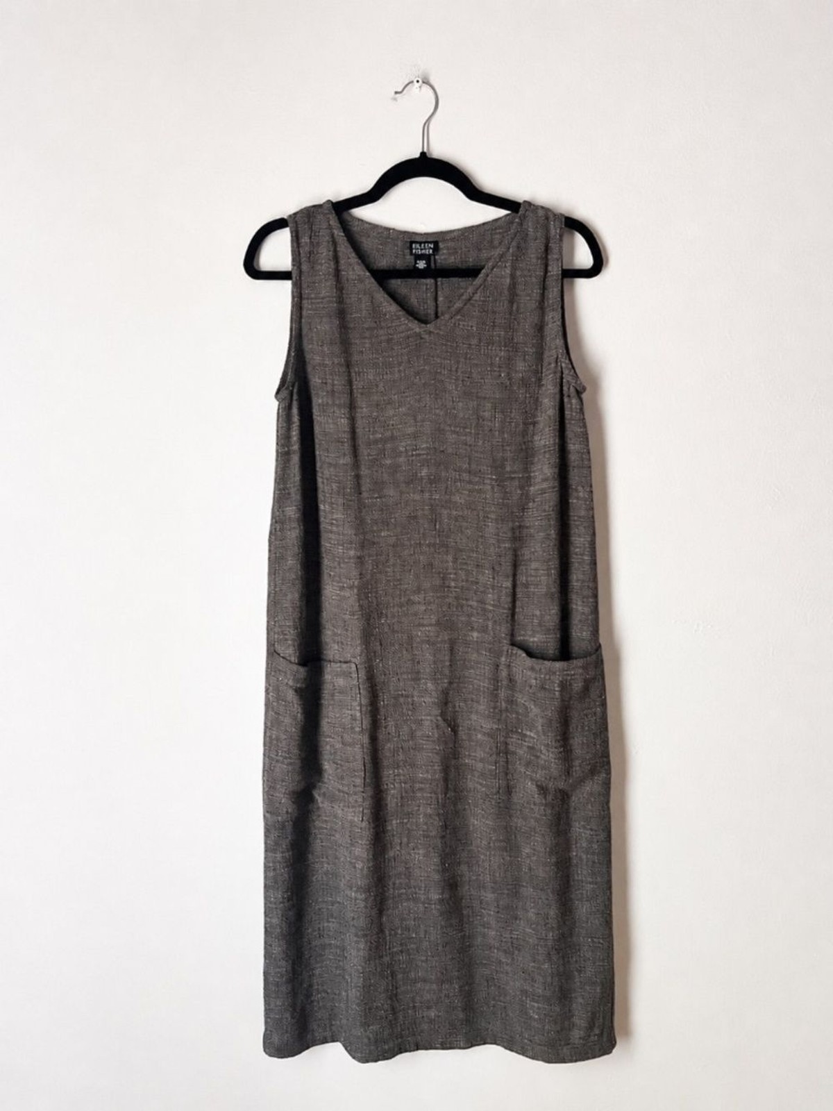 Eileen Fisher XS Italian Fabric Linen Blend Sleeveless Dress Taupe/Gray Pockets