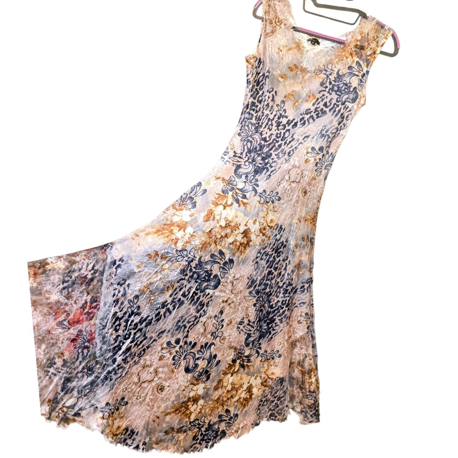 KOMAROV Sz M Blue Tan Crinkle Lace Romantic Boho Flowy Whimsy Midi Dress USA