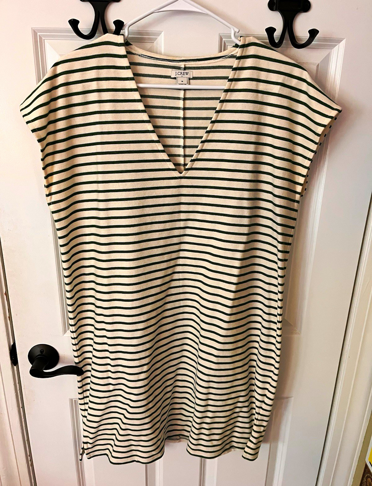 J.CREW Women’s Green/White Striped Shift Dress V-Neck Cap Sleeve Size M