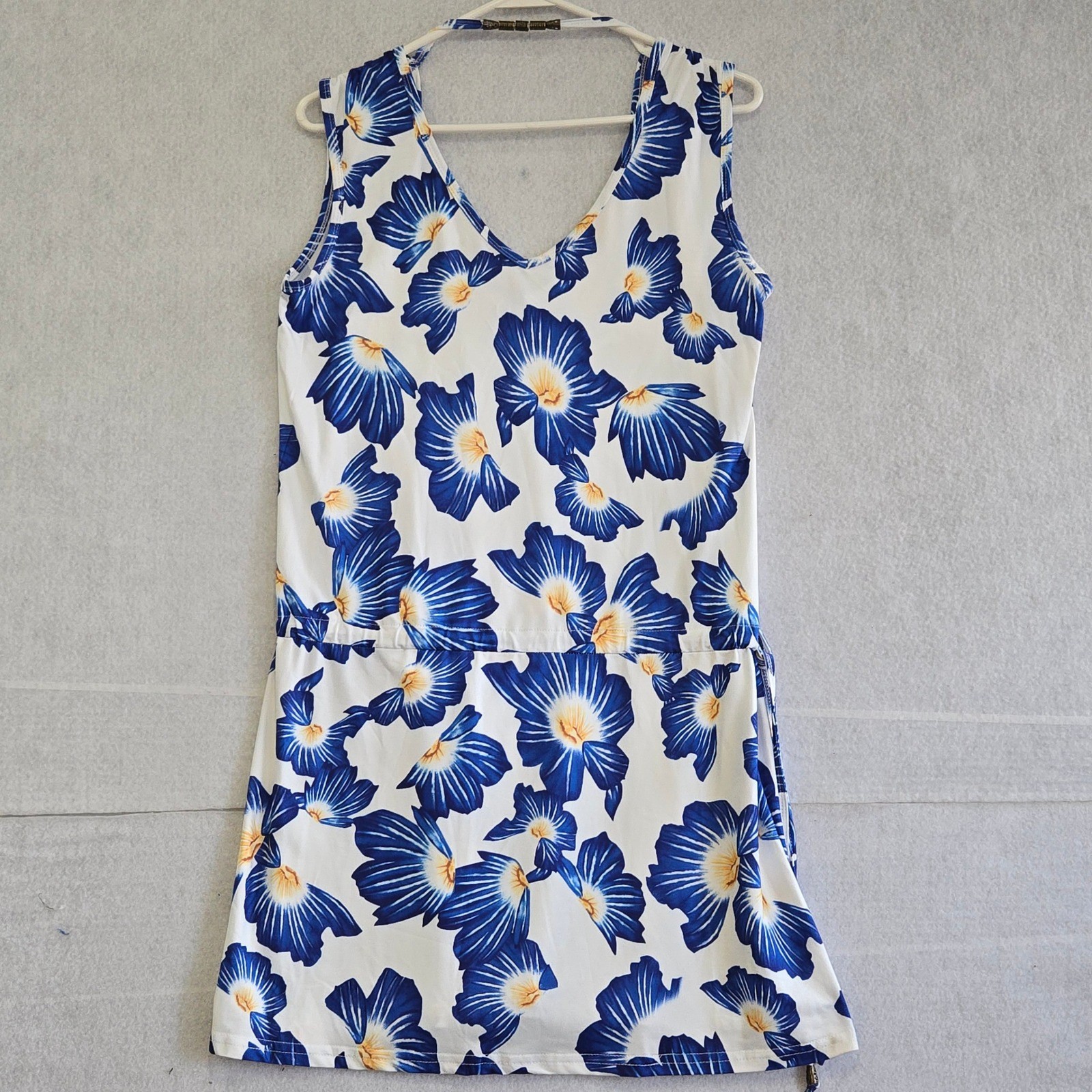 Hount Womens Blue White Floral Sleeveless V-Neck Casual Mini Dress Size M B401
