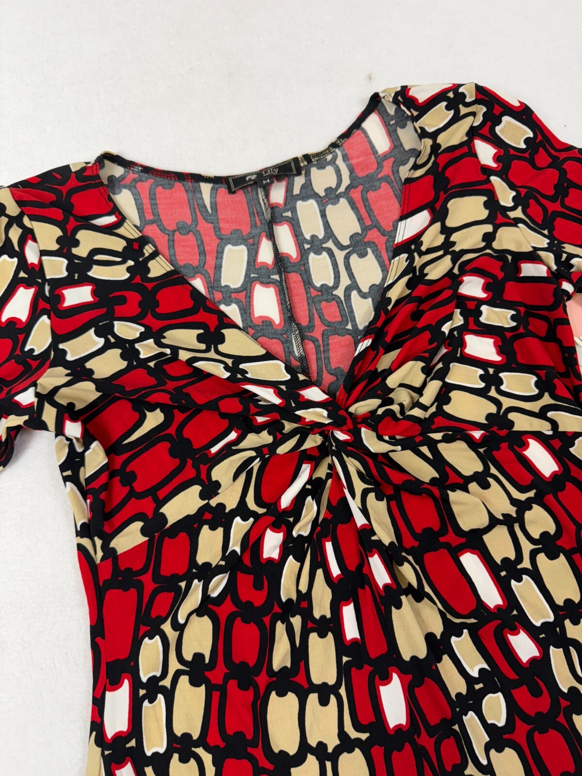 Y2K Deep V-Neck Retro Knot Front 3/4 Sleeve Bold Graphic New Old Stock stretch