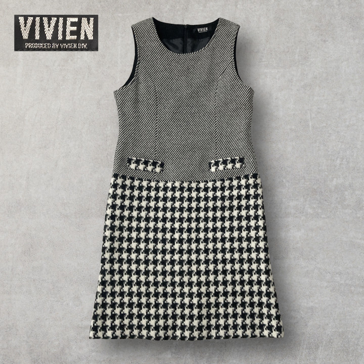 Sleeveless Knit Dress Houndstooth Plaid Striped Angora Blend Made in Japan