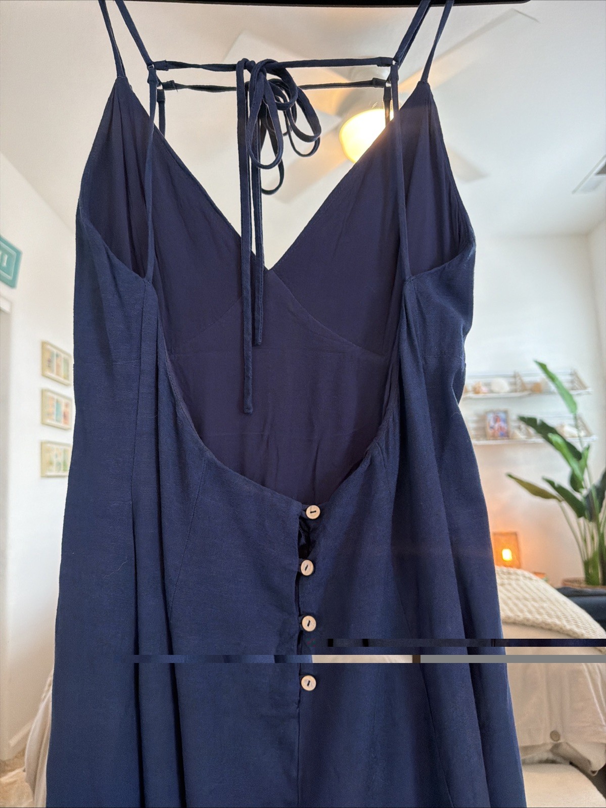 Navy Blue Linen Strappy Backless Maxi Dress Boho Resort V-Neck Button Back Large