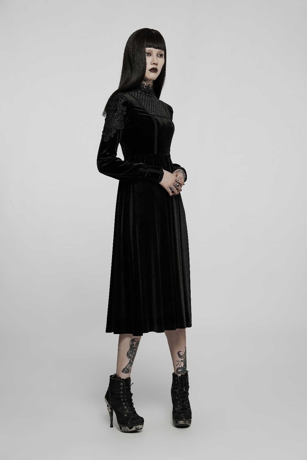 Punk Rave Black Velvet High Neck Corporate Goth Sheath Pencil Midi Dress