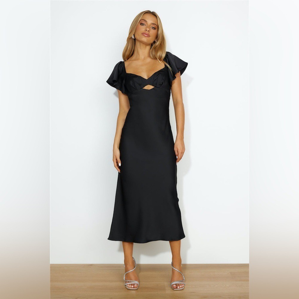 Billy J Black Satin Flutter Sleeve Maxi Dress Sweetheart Cutout Back Tie