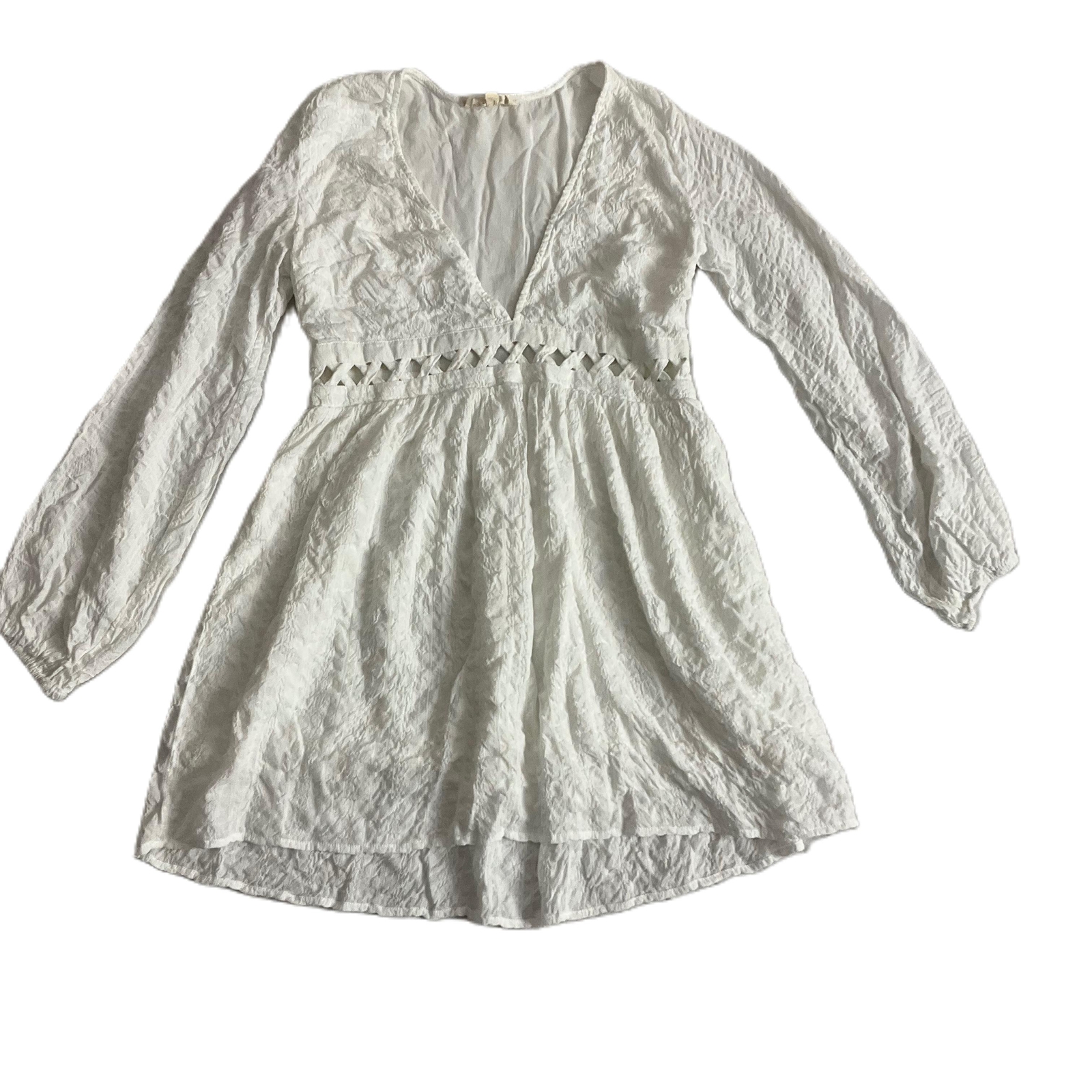 Peach Love White Crinkle Material Long Sleeve Short Dress V Neck Cutout Medium