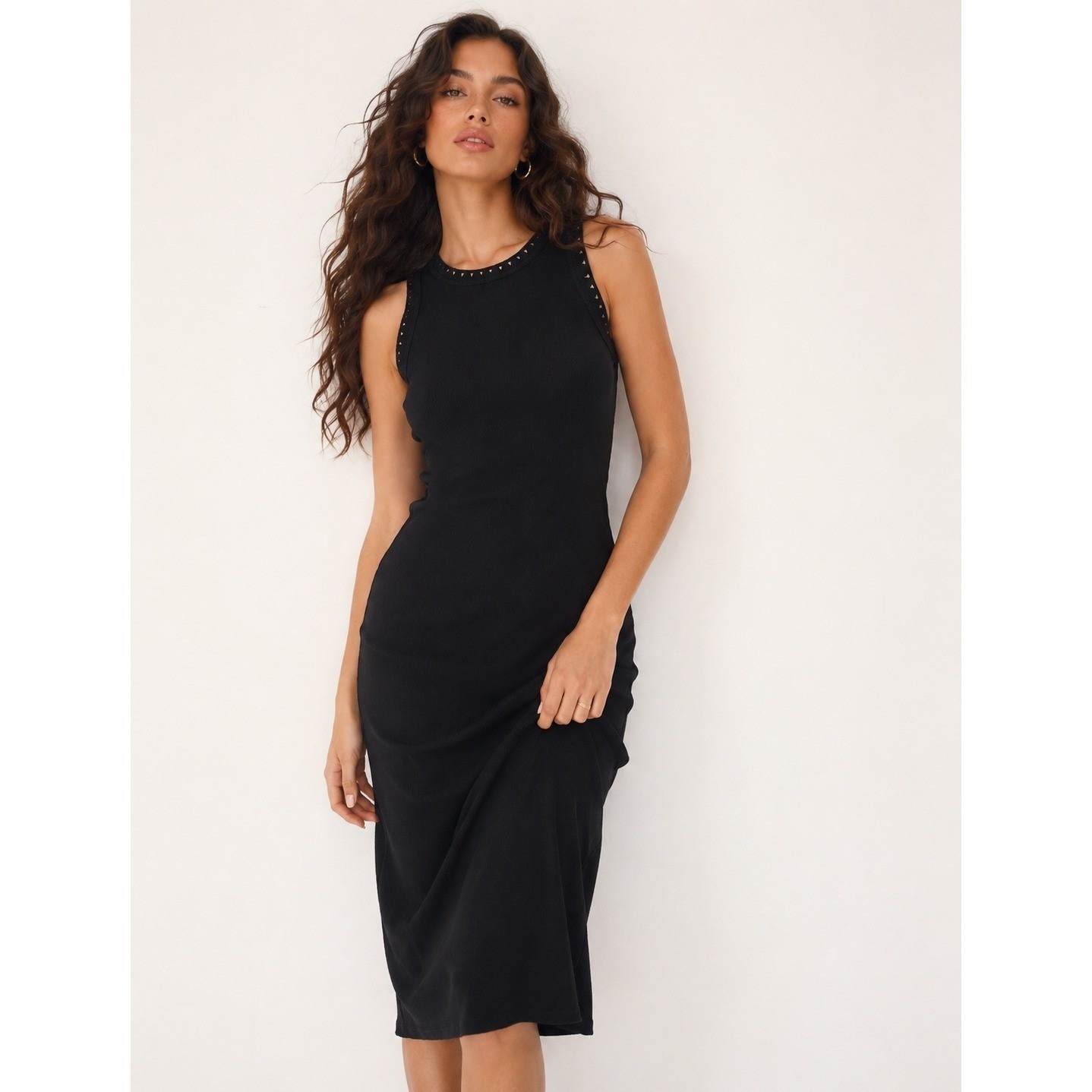 Z Supply Clarke Black Ribbed Eyelet Trim Sleeveless Midi Dress Size M New