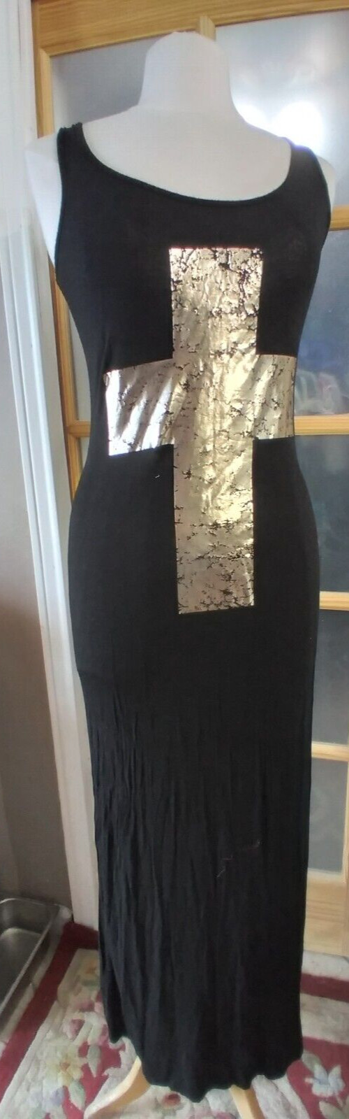 Sexy Dress Long Wet Seal Full Length Black Gold Lame’ Cross Body Con Size M Lace