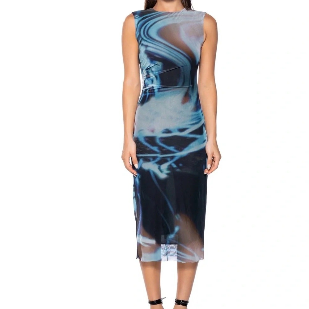 Commense Abstract Marble Mesh Dress L | Ruched Avant Garde Y2K Midi Bodycon